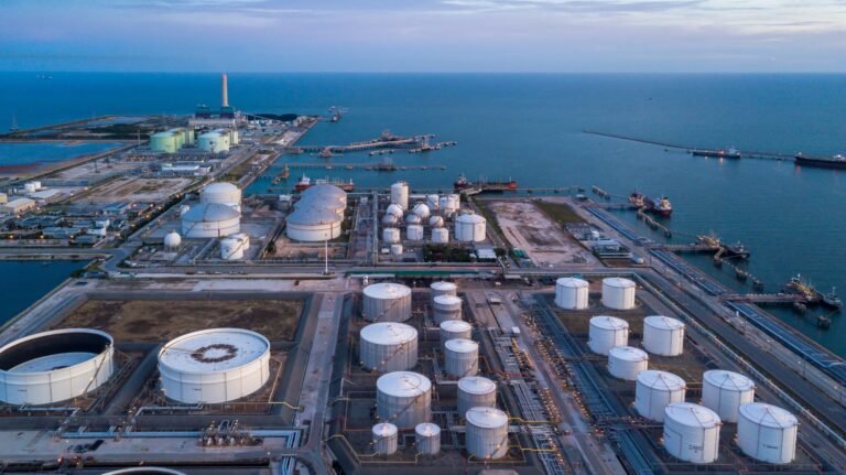 Aerial view oil tertminal storage tank